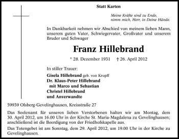 Traueranzeige von Franz Hillebrand von Tageszeitung