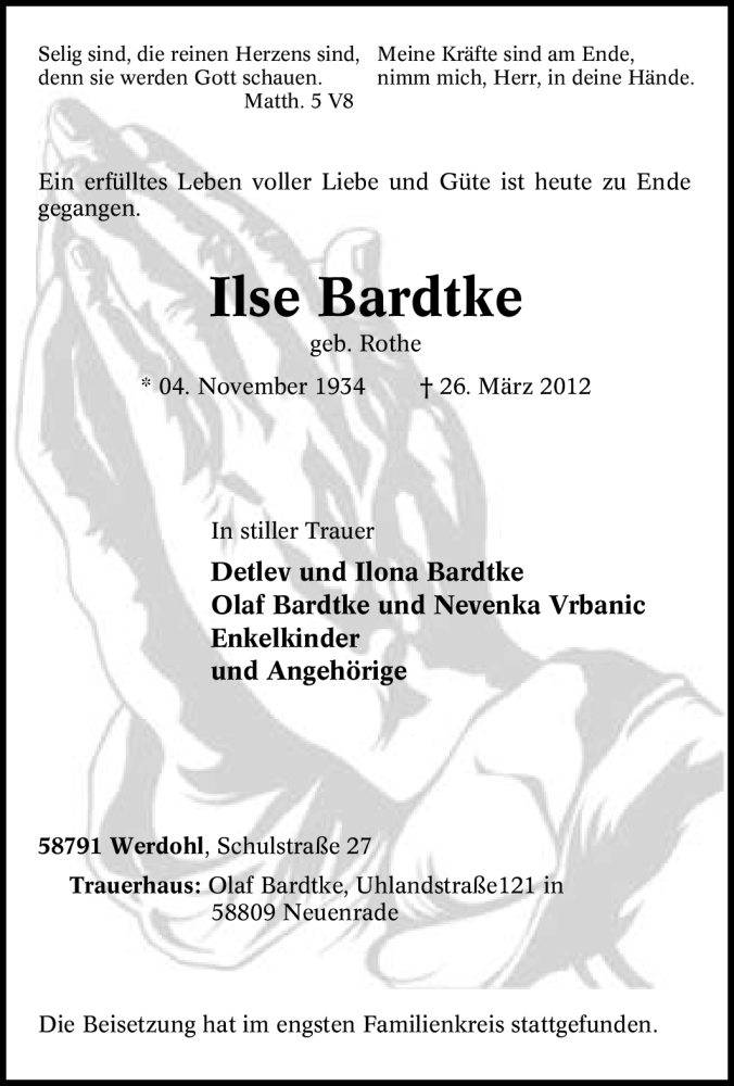  Traueranzeige für Ilse Bardtke vom 05.04.2012 aus Tageszeitung