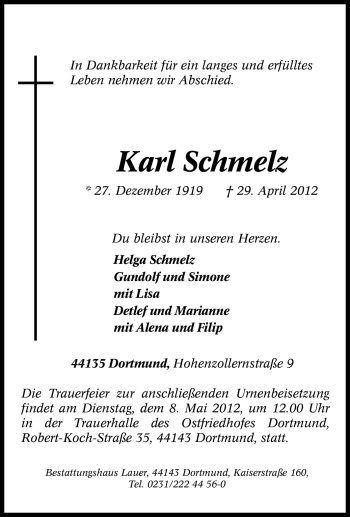 Traueranzeige von Karl Schmelz von Tageszeitung