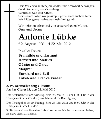 Traueranzeige von Antonie Lübke von Tageszeitung