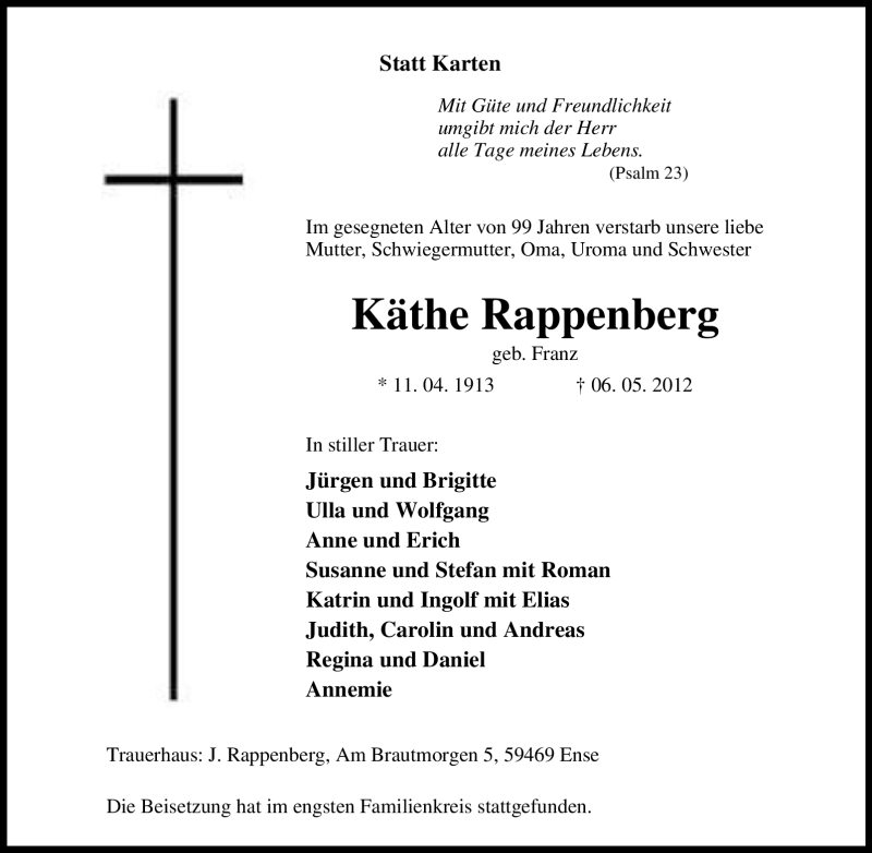  Traueranzeige für Käthe Rappenberg vom 12.05.2012 aus Tageszeitung