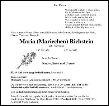Traueranzeige von Maria Richstein von Tageszeitung