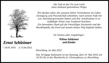 Traueranzeige von Ernst Schleimer von Tageszeitung