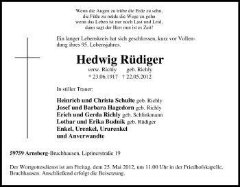 Traueranzeige von Hedwig Rüdiger von Tageszeitung