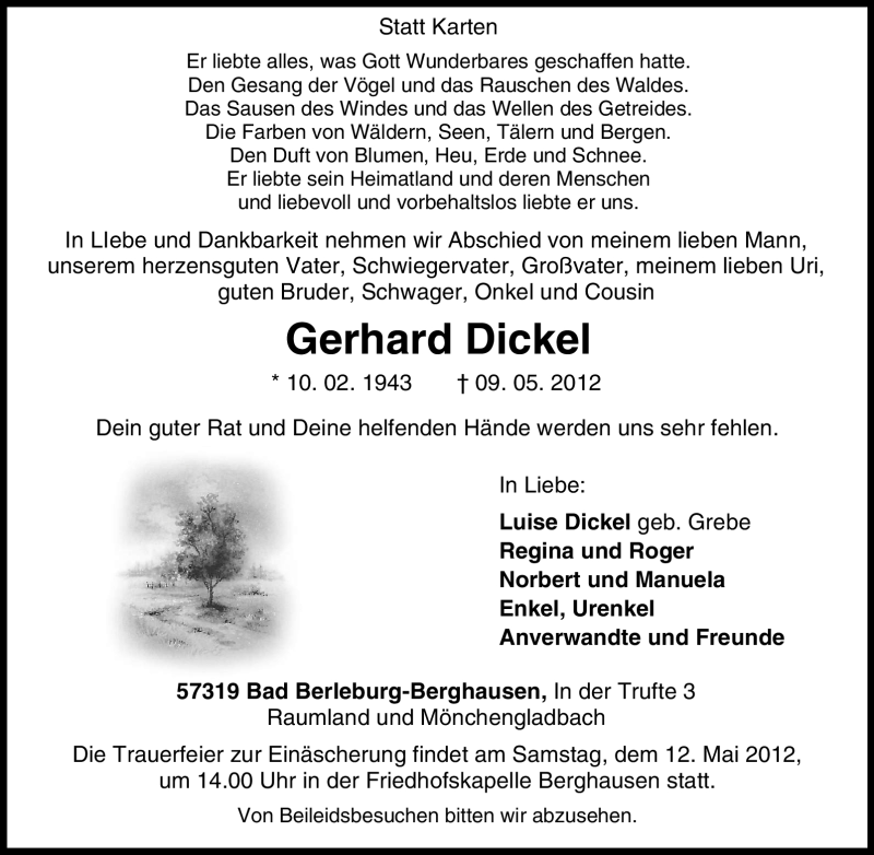  Traueranzeige für Gerhard Dickel vom 11.05.2012 aus Tageszeitung