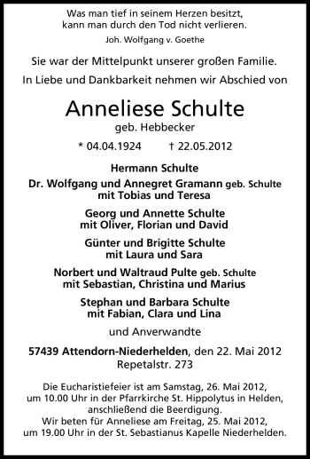 Traueranzeige von Anneliese Schulte von Tageszeitung