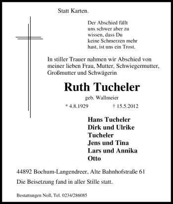 Traueranzeige von Ruth Tucheler von Tageszeitung