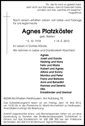 Traueranzeige von Agnes Platzköster von Tageszeitung
