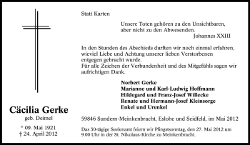 Traueranzeige von Cäcilia Gerke von Tageszeitung