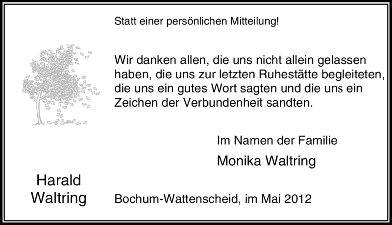  Traueranzeige für Harald Waltring vom 19.05.2012 aus Tageszeitung