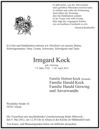 Traueranzeige von Irmgard Kock von Tageszeitung