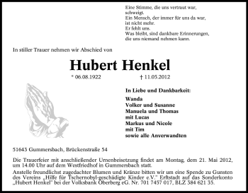 Traueranzeige von Hubert Henkel von Tageszeitung