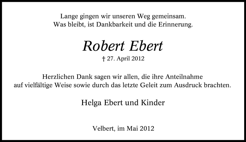  Traueranzeige für Robert Ebert vom 19.05.2012 aus Tageszeitung