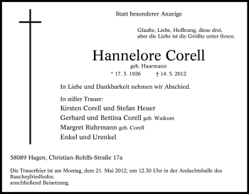 Traueranzeige von Hannelore Corell von Tageszeitung