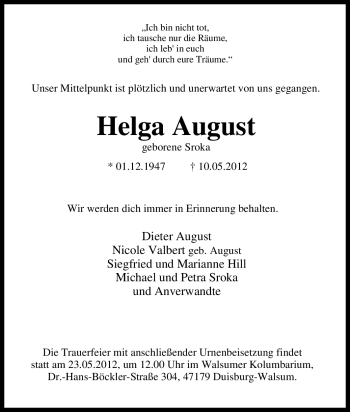 Traueranzeige von Helga August von Tageszeitung