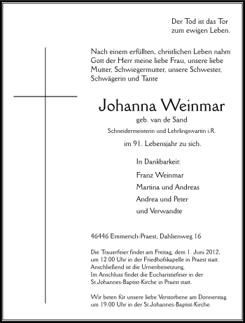 Traueranzeige von Johanna Weinmar von Tageszeitung