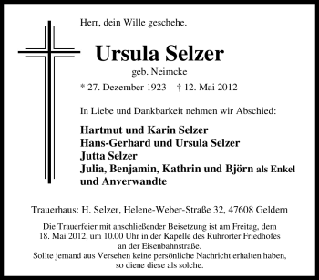 Traueranzeige von Ursula Selzer von Tageszeitung