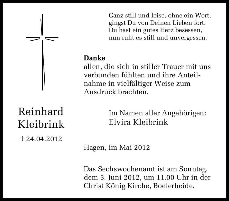  Traueranzeige für Reinhard Kleibrink vom 31.05.2012 aus Tageszeitung