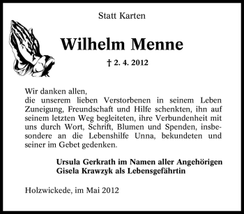 Traueranzeige von Wilhelm Menne von Tageszeitung