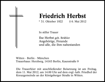 Traueranzeige von Friedrich Herbst von Tageszeitung