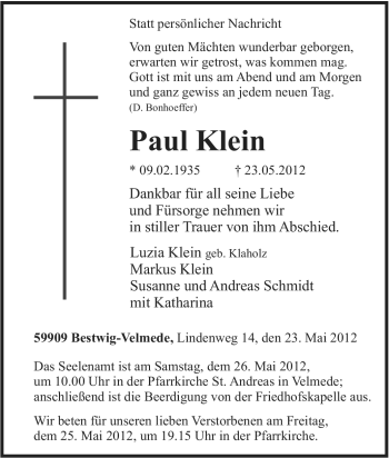 Traueranzeige von Paul Klein von Tageszeitung