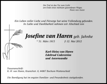 Traueranzeige von Josefine van Haren von Tageszeitung