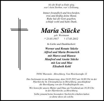 Traueranzeige von Maria Stücke von Tageszeitung
