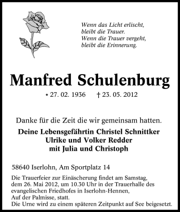 Traueranzeige von Manfred Schulenburg von Tageszeitung