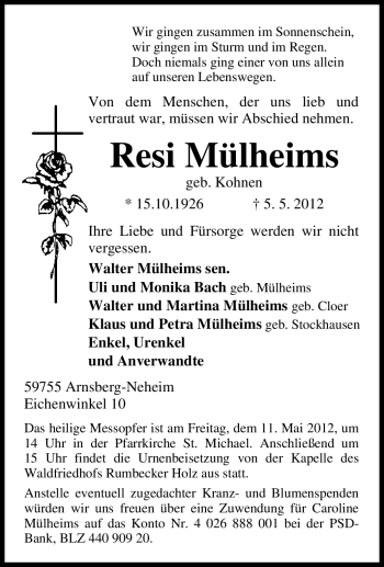Traueranzeige von Resi Mülheims von Tageszeitung