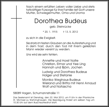 Traueranzeige von Dorothea Budeus von Tageszeitung