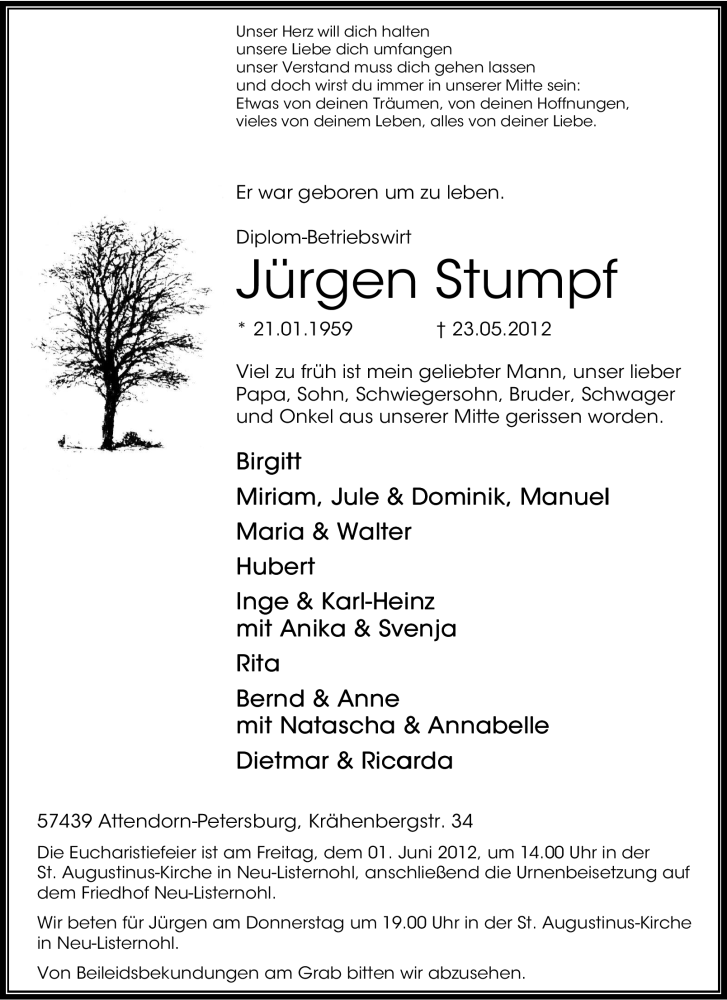  Traueranzeige für Jürgen Stumpf vom 25.05.2012 aus Tageszeitung