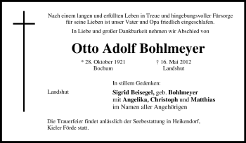 Traueranzeige von Otto Adolf Bohlmeyer von Tageszeitung