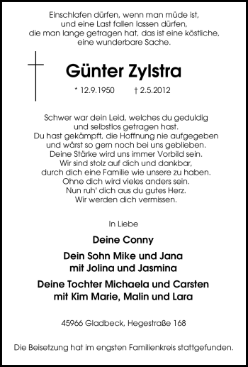 Traueranzeige von Günter Zylstra von Tageszeitung
