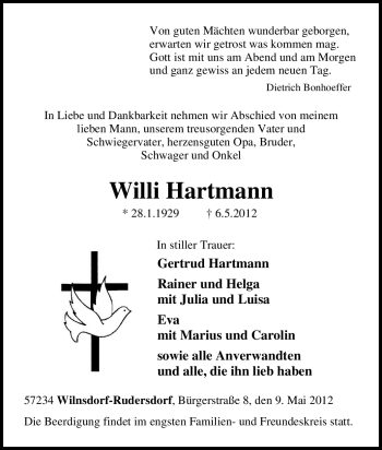 Traueranzeige von Willi Hartmann von Tageszeitung
