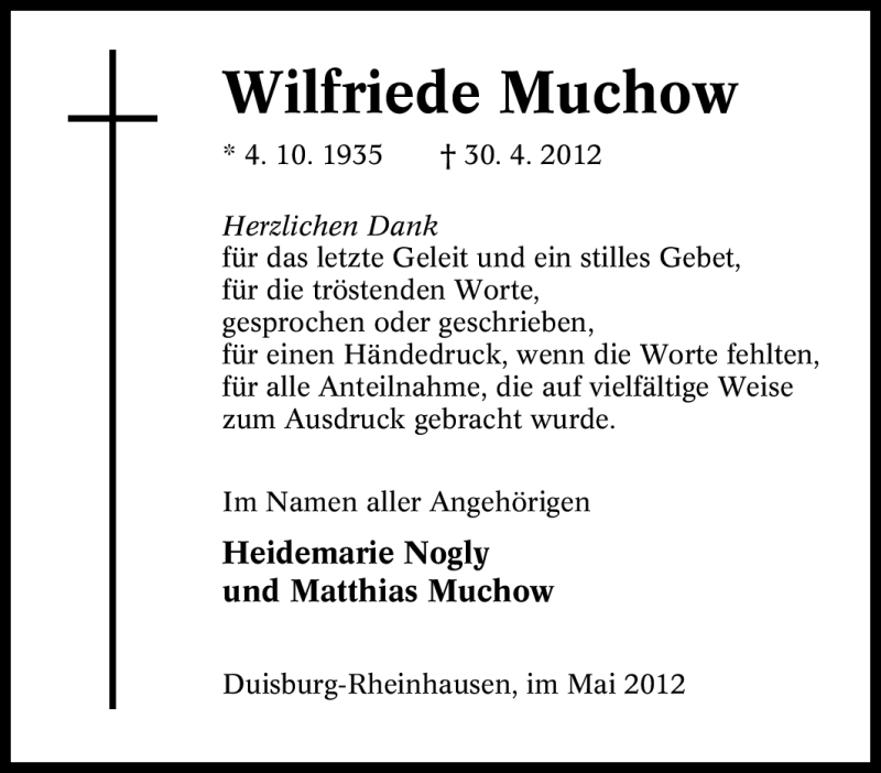  Traueranzeige für Wilfriede Muchow vom 23.05.2012 aus Tageszeitung
