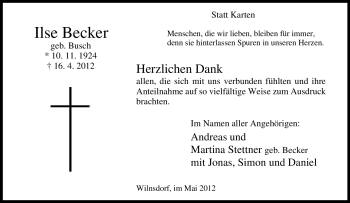 Traueranzeige von Ilse Becker von Tageszeitung