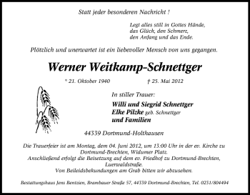 Traueranzeige von Werner Weitkamp-Schnettger von Tageszeitung