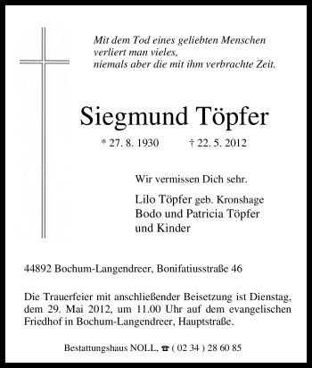 Traueranzeige von Siegmund Töpfer von Tageszeitung