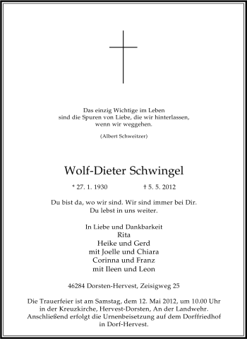 Traueranzeige von Wolf-Dieter Schwingel von Tageszeitung