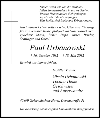 Traueranzeige von Paul Urbanowski von Tageszeitung