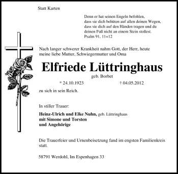 Traueranzeige von Elfriede Lüttringhaus von Tageszeitung