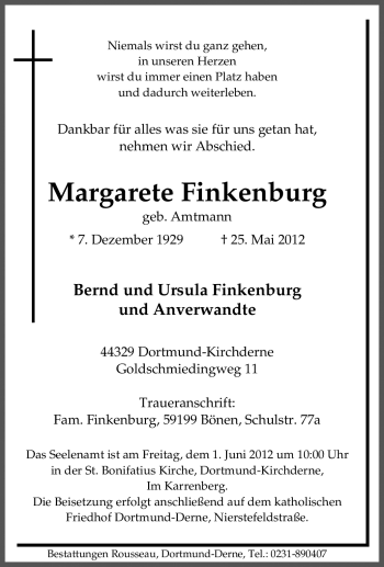 Traueranzeige von Margarete Finkenburg von Tageszeitung