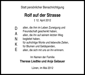 Traueranzeige von Rolf auf der Strasse von Tageszeitung
