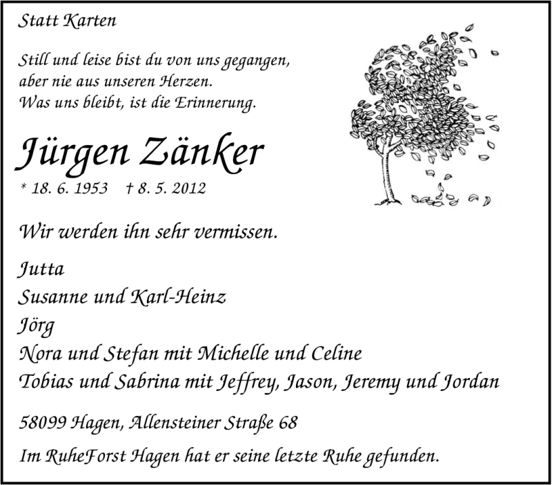  Traueranzeige für Jürgen Zänker vom 24.05.2012 aus Tageszeitung