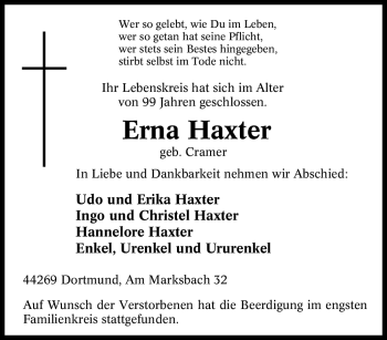 Traueranzeige von Erna Haxter von Tageszeitung