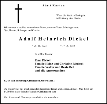 Traueranzeige von Adolf Heinrich Dickel von Tageszeitung