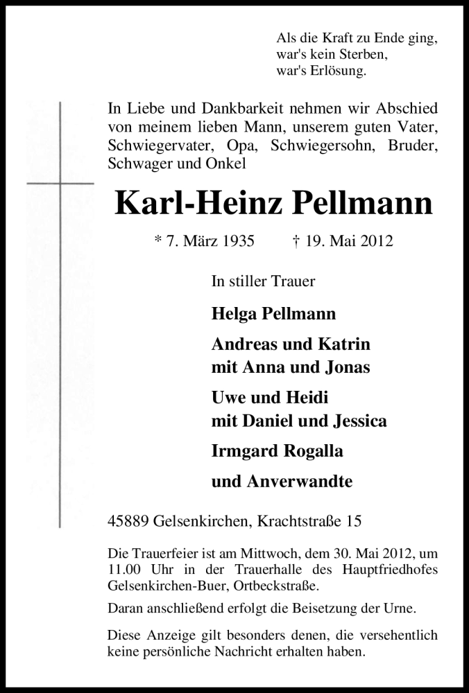  Traueranzeige für Karl-Heinz Pellmann vom 24.05.2012 aus Tageszeitung