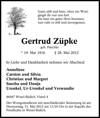 Traueranzeige von Gertrud Züpke von Tageszeitung