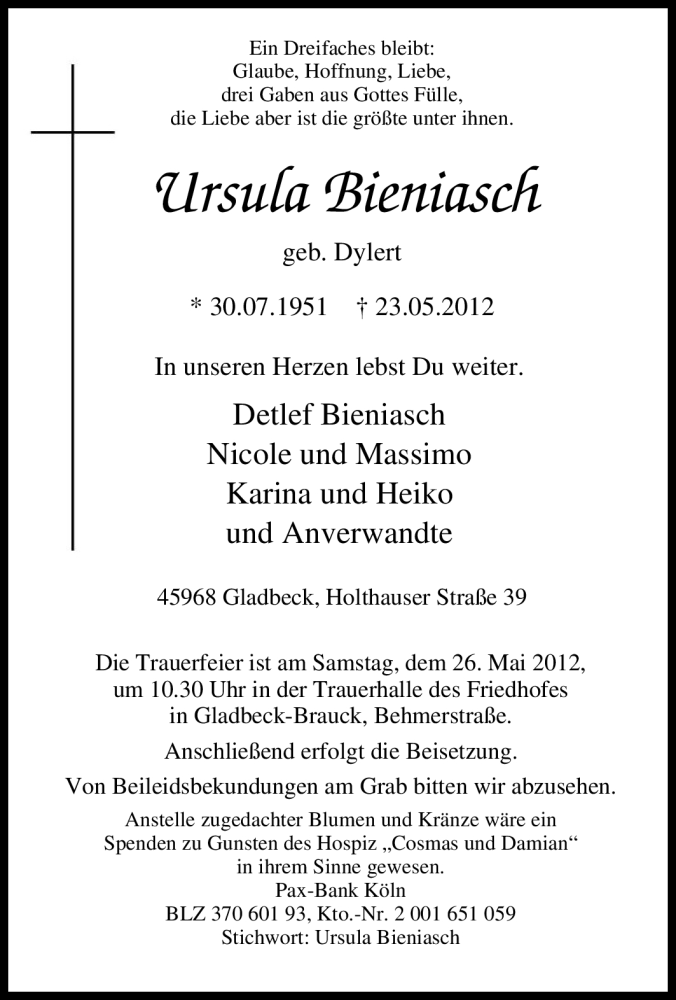  Traueranzeige für Ursula Bieniasch vom 24.05.2012 aus Tageszeitung