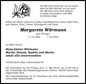 Traueranzeige von Margarete Wörmann von Tageszeitung
